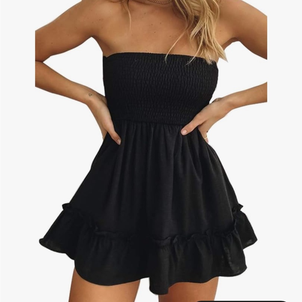 Women's Medium Tsher Black Tube Top Strapless Ruffle Hem Mini Dress